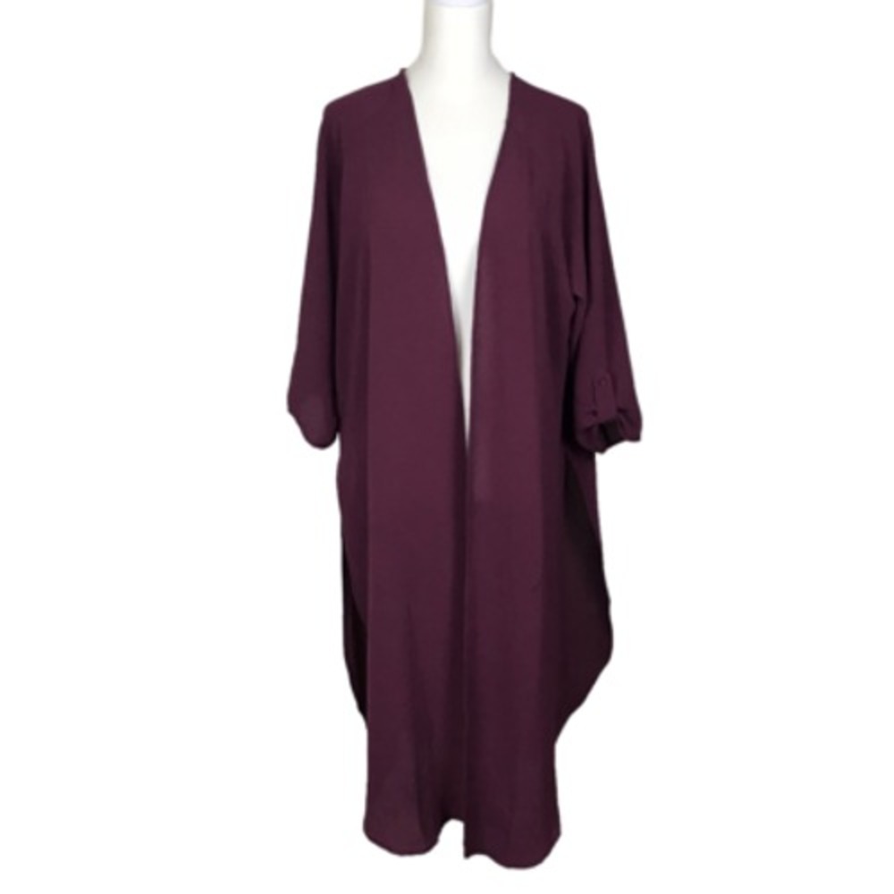 She + Sky Sweater Cardigan Womens Small Purple Open Long Duster‎ Roll Tab Sleeve